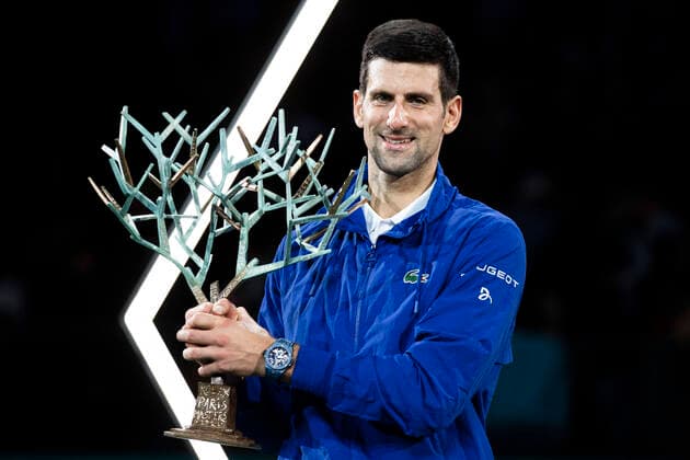 Paris, France, November 7, 2021 - Serbia s Novak Djokovic poses with his trophy after winning the men s single final tennis match of the Rolex Paris Masters tournament against Russia s Daniil Medvedev.  Copyright: xAlexisxSciardx