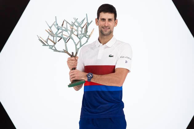 Paris, France, November 7, 2021 - Serbia s Novak Djokovic poses with his trophy after winning the men s single final tennis match of the Rolex Paris Masters tournament against Russia s Daniil Medvedev.  Copyright: xAlexisxSciardx