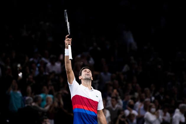 Paris, France, November 7, 2021 - Serbia s Novak Djokovic shows his joy after winning the men s single final tennis match of the Rolex Paris Masters tournament against Russia s Daniil Medvedev.  Copyright: xAlexisxSciardx