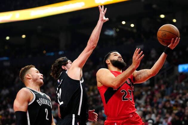November 7, 2021, Toronto, ON, Canada: Toronto Raptors guard Fred VanVleet (23) goes to the net against Brooklyn Nets forward Blake Griffin (2) and forward Joe Harris (12) during first half NBA, Basketball Herren, USA basketball action in Toronto on Sunday, Nov. 7, 2021. Canada News - November 7, 2021  - ZUMAc35_ 20211107_zaf_c35_004 Copyright: xFrankxGunnx