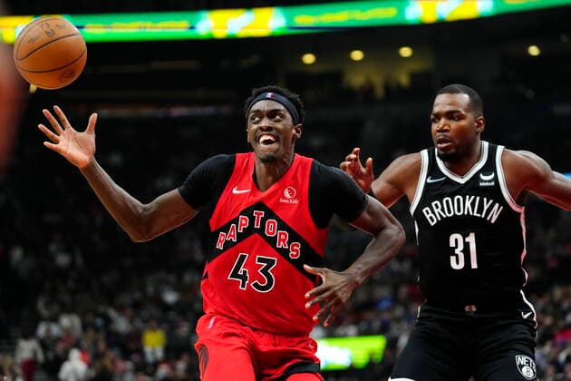 November 7, 2021, Toronto, ON, Canada: Toronto Raptors forward Pascal Siakam (43) handles the ball in front of Brooklyn Nets forward Paul Millsap (31) during first half NBA, Basketball Herren, USA basketball action in Toronto on Sunday, Nov. 7, 2021. Canada News - November 7, 2021  - ZUMAc35_ 20211107_zaf_c35_007 Copyright: xFrankxGunnx