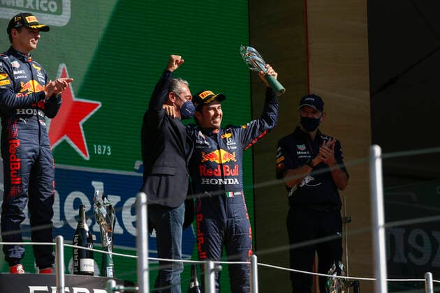 Carlos Slim Domit MEX , 11 Sergio Perez MEX, Red Bull Racing , F1 Grand Prix of Mexico at Autodromo Hermanos Rodriguez on November 7, 2021 in Mexico City, Mexico Photo by HOCH ZWEI Mexico City Mexico
