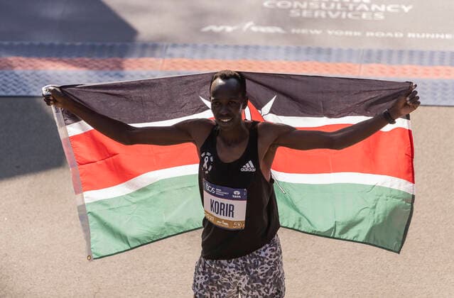 50th TCS New York City Marathon Albert Korir of Kenya, winner of Men professional athletes of 50th TCS NYC marathon poses at finish line in Central Park. Albert Korir clocked 2:08:22 for the marathon. NYC marathon was canceled in 2020 because of COVID-19 pandemic and returned in 2021. It attracted most top runners of the world as well as thousands more runners and spectators. New York New York United States Copyright: LevxRadin