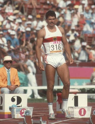 Olympische Spiele 1984 in Los Angeles. Zehnkampf: 100m: Jürgen Hingsen (BRD) 09.08.1984. *** Olympic Games 1984 in Los Angeles Decathlon 100m Jürgen Hingsen BRD 09 08 1984 HM