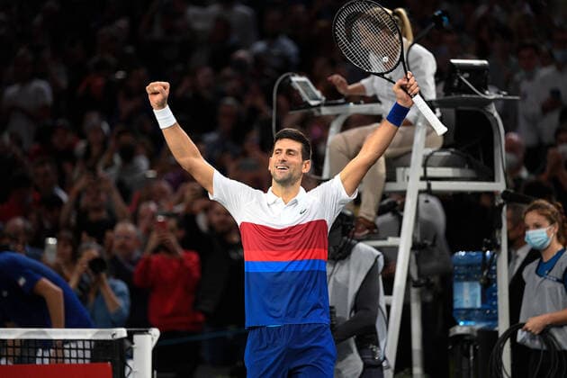 Novak Djokovic SRB cheers as match ends, celebrate during the Rolex Paris Masters 2021 at the Accord Arena on sunday november 7, 2021 Paris France Copyright: AntonioxBorga