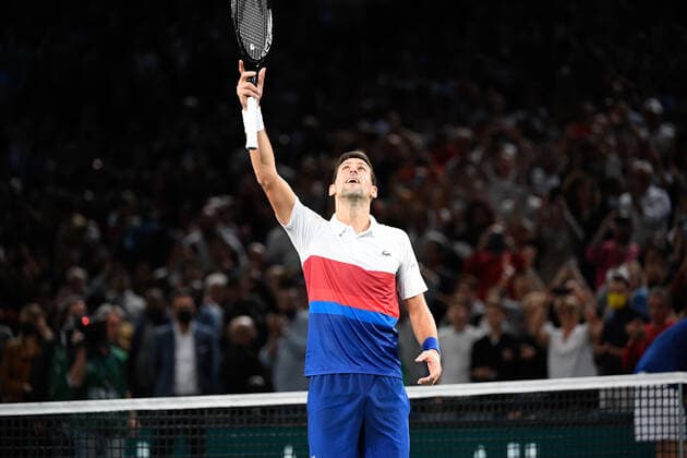 Novak Djokovic SRB cheers as match ends, celebrate during the Rolex Paris Masters 2021 at the Accord Arena on sunday november 7, 2021 Paris France Copyright: AntonioxBorga