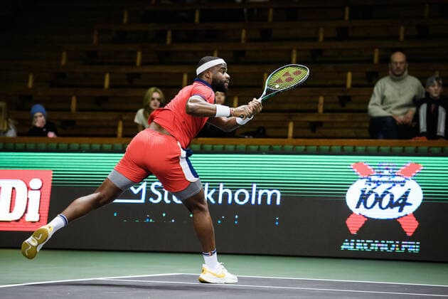 211108 Frances Tiafoe of USA competes in men s first round Singles match during Stockholm Open on November 8, 2021 in Stockholm Photo Erik Simander BILDBYRAN COP 201 EW0028 tennis stockholm open sverige bbeng,  Copyright: ERIKxSIMANDER BB211108ES028