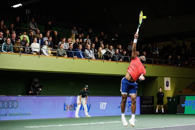 211108 Frances Tiafoe of USA competes in men s first round Singles match during Stockholm Open on November 8, 2021 in Stockholm Photo Erik Simander BILDBYRAN COP 201 EW0028 tennis stockholm open sverige bbeng,  Copyright: ERIKxSIMANDER BB211108ES029