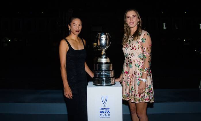 Mandatory Credit: Photo by Rob Prange Shutterstock (12594745cb) Su-Wei Hsieh of Chinese Taipeh & Elise Mertens of Belgium during the iconic photo shoot ahead of ceremony of the 2021 Akron WTA, Tennis Damen Finals Guadalajara WTA tennis tournament 2021 Akron WTA Finals Guadalajara Monday Draw - 08 Nov 2021 2021 Akron WTA Finals Guadalajara Monday Draw - 08 Nov 2021  Copyright: xRobxPrange Shutterstockx 12594745cb