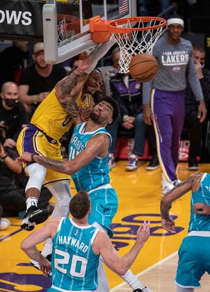 November 8, 2021, Los Angeles, California, USA: Russell Westbrook 0 of the Los Angeles Lakers is blocked by Nick Richards 14 of the Charlotte Hornets during their regular season NBA, Basketball Herren, USA game on Monday November 8, 2021 at the Staples Center in Los Angeles, California. Lakers defeat Hornets, 126-123. PI Los Angeles USA - ZUMAp124 20211108_zaa_p124_041 Copyright: xJAVIERxROJASx