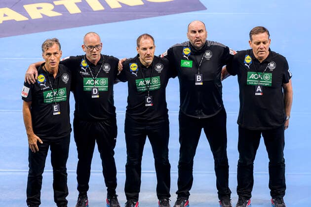 Handball, Mens Day of Handball, friendly match, Germany Portugal from left Physio Peter Gr schus Germany , Dr Philip Lübke Luebke , Goalkeeper Coach Mattias Andersson Germany , Co Coach Erik Wudtke Germany , Coach Alfred Gislason Germany Duesseldorf PSD Bank Dome Germany