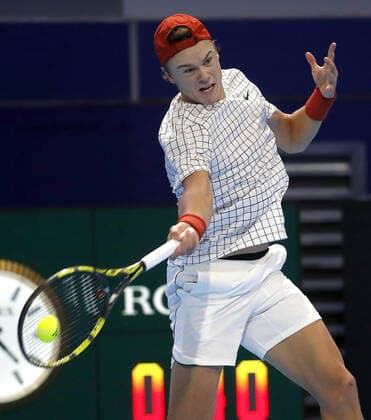 November 9, 2021, MILAN, ITALY: Holger Virtus Rune of Denmark returns the ball during the match against Carlos Alcaraz of Spain on the first day of the Next Gen ATP, Tennis Herren Finals in Milan, Italy, 09 November 2021. The Next Gen Atp Finals runs from 09 November through 13 November.ANSA MATTEO BAZZI MILAN ITALY - ZUMAa110 20211109_zaf_a110_020 Copyright: xMatteoxBazzix