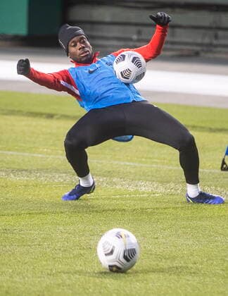 November 9, 2021, EDMONTON, AB, CANADA: Team Canada s Alphonso Davies takes part in a practice session in Edmonton on Tuesday November 9, 2021. Canada takes on Costa Rica in their World Cup qualifying match on Friday. Canada News - November 9, 2021  - ZUMAc35_ 20211109_zaf_c35_056 Copyright: xJasonxFransonx