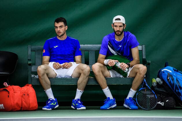 211111 Pedro Martinez of Spain and Andrea Vavassori of Italy look dejected as they are competing in men s quarter final s Doubles match during Stockholm Open on November 11, 2021 in Stockholm Photo Jesper Zerman BILDBYRAN COP 234 JZ0154 tennis stockholm open day 5 bbeng depp,  Copyright: JESPERxZERMAN BB211111JZ074