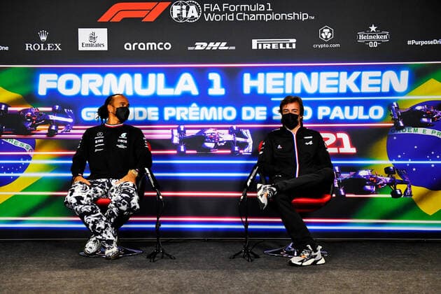 F1 Grand Prix of Brazil 44 Lewis Hamilton (GBR, Mercedes-AMG Petronas F1 Team), 14 Fernando Alonso (ESP, Alpine F1 Team), F1 Grand Prix of Brazil at Autodromo Jose Carlos Pace on November 11, 2021 in Sao Paulo, Brazil. (Photo by xpbimages.com XPB Images FIA Pool via HOCH ZWEI) Sao Paulo Brazil Poolfoto HOCH ZWEI Pool XPB Images ,EDITORIAL USE ONLY