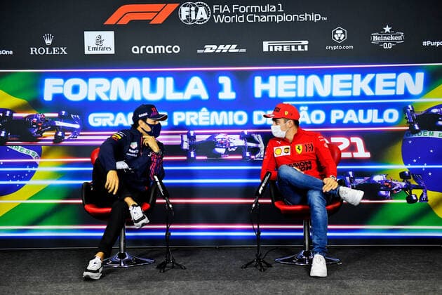 F1 Grand Prix of Brazil 11 Sergio Perez (MEX, Red Bull Racing), 16 Charles Leclerc (MON, Scuderia Ferrari Mission Winnow), F1 Grand Prix of Brazil at Autodromo Jose Carlos Pace on November 11, 2021 in Sao Paulo, Brazil. (Photo by xpbimages.com XPB Images FIA Pool via HOCH ZWEI) Sao Paulo Brazil Poolfoto HOCH ZWEI Pool XPB Images ,EDITORIAL USE ONLY