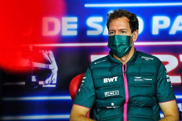 F1 Grand Prix of Brazil 5 Sebastian Vettel (GER, Aston Martin Cognizant F1 Team), F1 Grand Prix of Brazil at Autodromo Jose Carlos Pace on November 11, 2021 in Sao Paulo, Brazil. (Photo by xpbimages.com XPB Images FIA Pool via HOCH ZWEI) Sao Paulo Brazil Poolfoto HOCH ZWEI Pool XPB Images ,EDITORIAL USE ONLY