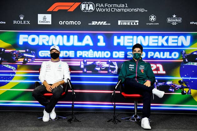 F1 Grand Prix of Brazil 77 Valtteri Bottas (FIN, Mercedes-AMG Petronas F1 Team), 18 Lance Stroll (CAN, Aston Martin Cognizant F1 Team), F1 Grand Prix of Brazil at Autodromo Jose Carlos Pace on November 11, 2021 in Sao Paulo, Brazil. (Photo by xpbimages.com XPB Images FIA Pool via HOCH ZWEI) Sao Paulo Brazil Poolfoto HOCH ZWEI Pool XPB Images ,EDITORIAL USE ONLY