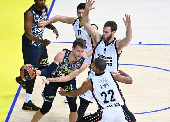 Jan Vesely (24) of Fenerbahce Beko Istanbul and Nicolo Melli (9) , Devon Hall (22) , Giampaolo Ricci (17) of Ax Armani Exchange Milan during the Turkish Airlines Euroleague match between Fenerbahce Beko Istanbul and Ax Armani Exchange Milan at Ulker Arena in Istanbul , Turkey on November 12 , 2021. 