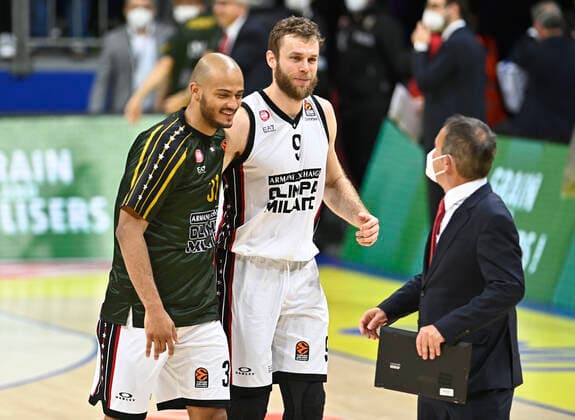Shavon Shields (L) and Nicolo Melli (9) of Ax Armani Exchange Milan during the Turkish Airlines Euroleague match between Fenerbahce Beko Istanbul and Ax Armani Exchange Milan at Ulker Arena in Istanbul , Turkey on November 12 , 2021. 