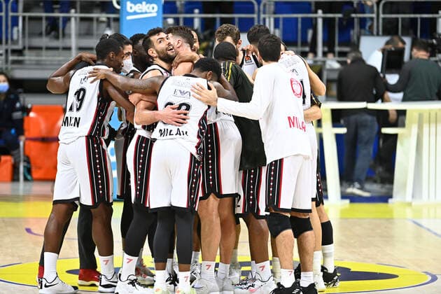 Ax Armani Exchange Milan players victory celebrates after the Turkish Airlines Euroleague match between Fenerbahce Beko Istanbul and Ax Armani Exchange Milan at Ulker Arena in Istanbul , Turkey on November 12 , 2021. 