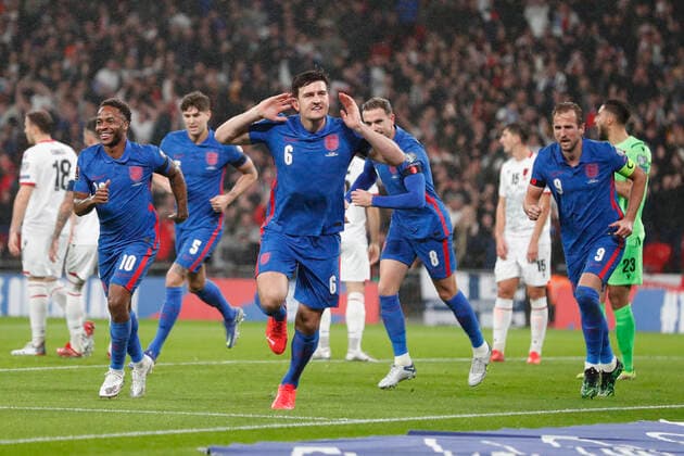 England v Albania 2022 FIFA World Cup, WM, Weltmeisterschaft, Fussball Qualifiers Harry Maguire celebrates scoring his sides 1st goal during the 2022 FIFA World Cup Qualifiers Group I match at Wembley Stadium, London Content Not Available For UK Newspapers Copyright: xPaulxChestertonx FIL-16101-0009