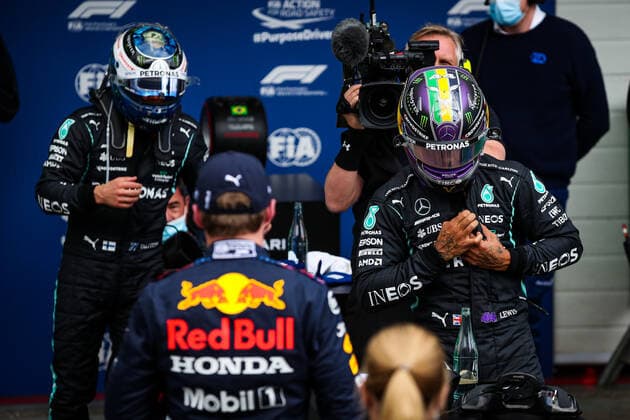 HAMILTON Lewis (gbr), Mercedes AMG F1 GP W12 E Performance, BOTTAS Valtteri (fin), Mercedes AMG F1 GP W12 E Performance, VERSTAPPEN Max (ned), Red Bull Racing Honda RB16B, portrait during the Formula 1 Heineken Grande Premio De Sao Paulo 2021, Sao Paulo Grand Prix, 19th round of the 2021 FIA Formula One World Championship, WM, Weltmeisterschaft from November 12 to 14, 2021 on the Interlagos Circuit, in Sao Paulo, Brazil - F1 - SAO PAULO GRAND PRIX 2021 DPPI Panoramic  20211112_GOODEN_FG0D2526