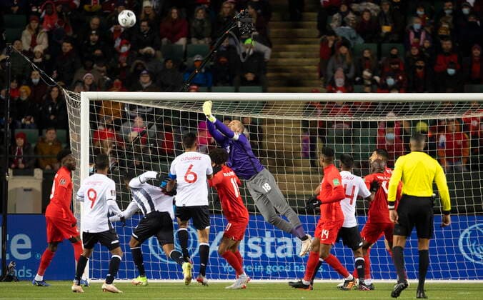 November 12, 2021, EDMONTON, AB, CANADA: Team Canada s goalkeeper Milan Borjan (18) makes the save against Costa Rica during first half World Cup qualifier soccer action in Edmonton on Friday, November 12, 2021. Milan Borjan  - ZUMAc35_ 20211112_zaf_c35_058 Copyright: xJasonxFransonx