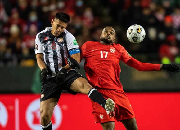 November 12, 2021, EDMONTON, AB, CANADA: Team Canada s Cyle Larin (17) and Costa Rica s Oscar Esau Durante Gaitan (6) vie for the ball during second half World Cup qualifier soccer action in Edmonton on Friday, November 12, 2021. Cyle Larin Oscar Esau Durante Gaitan  - ZUMAc35_ 20211112_zaf_c35_070 Copyright: xJasonxFransonx