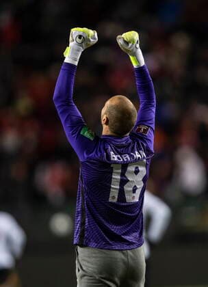 November 12, 2021, EDMONTON, AB, CANADA: Team Canada s goalkeeper Milan Borjan (18) celebrates the win over Costa Rica during World Cup Qualifiers in Edmonton, Alta., on Friday November 12, 2021. Milan Borjan  - ZUMAc35_ 20211112_zaf_c35_075 Copyright: xJasonxFransonx