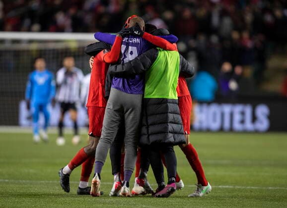 November 12, 2021, EDMONTON, AB, CANADA: Team Canada celebrates their win over Costa Rica in World Cup qualifier soccer action in Edmonton on Friday, November 12, 2021. Canada News - November 12, 2021  - ZUMAc35_ 20211112_zaf_c35_083 Copyright: xJasonxFransonx
