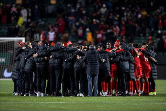 November 12, 2021, EDMONTON, AB, CANADA: Team Canada celebrates their win over Costa Rica in World Cup qualifier soccer action in Edmonton on Friday, November 12, 2021. Canada News - November 12, 2021  - ZUMAc35_ 20211112_zaf_c35_085 Copyright: xJasonxFransonx