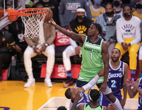 November 12, 2021, Los Angeles, California, USA: Anthony Edwards 1 of the Minnesota Timberwolves puts up a layup during their regular season NBA, Basketball Herren, USA game with the Los Angeles Lakers on Friday November 12, 2021 at the Staples Center in Los Angeles, California. Lakers lose to Timberwolves, 83-107. PI Los Angeles USA - ZUMAp124 20211112_zaa_p124_013 Copyright: xJAVIERxROJASx
