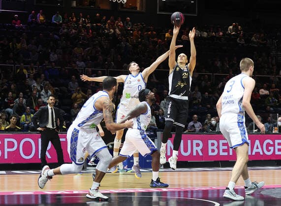 Basket Robin Amaize Basketball Loewen Braunschweig against Lukas Wank Fraport Skyliners Frankfurt
