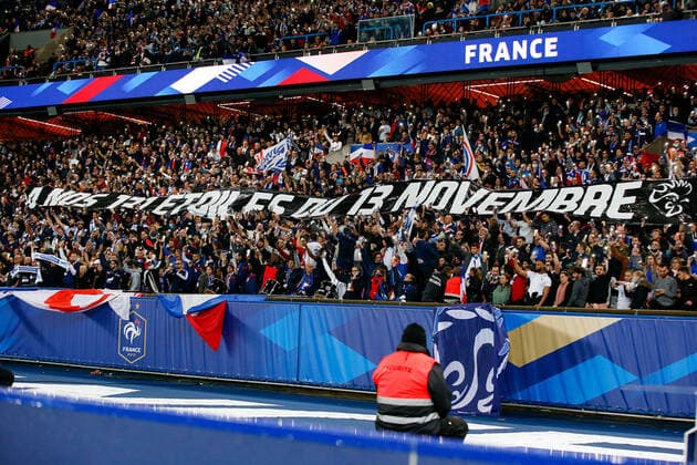 Paris, 13 November 2021, Europe World Cup Qualifiers Qatar 2022 France Kazakhstan v l , Fans commemorate victims of 13 November 2015, banner. Copyright: AntonioxBorga