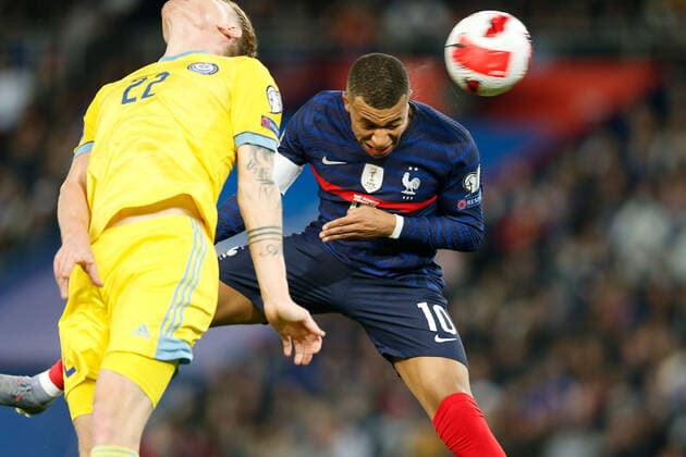 Paris, 13 November 2021, Europe World Cup Qualifiers Qatar 2022 France Kazakhstan v l , Kylian Mbappe FFF France Goal scored, header, Alexandr Marochkin Kazakhstan Copyright: AntonioxBorga