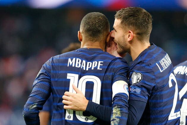 Paris, 13 November 2021, Europe World Cup Qualifiers Qatar 2022 France Kazakhstan v l , Kylian MbappÃ FFF France and Lucas Hernandez FFF France Goal celebration, celebrate the goal. Copyright: AntonioxBorga
