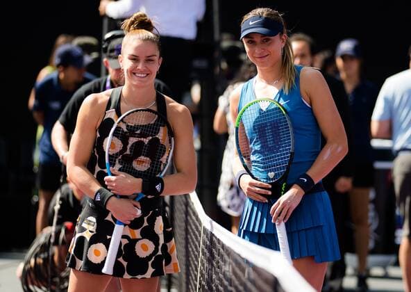 Mandatory Credit: Photo by Rob Prange Shutterstock (12596809p) Maria Sakkari of Greece & Paula Badosa of Spain before the second round robin doubles match at the 2021 Akron WTA, Tennis Damen Finals Guadalajara WTA tennis tournament Akron WTA Finals, Day 4, Tennis, Panamerican Tennis Center Guadalajara, Mexico - 13 Nov 2021 Akron WTA Finals, Day 4, Tennis, Panamerican Tennis Center Guadalajara, Mexico - 13 Nov 2021  Copyright: xRobxPrange Shutterstockx 12596809p