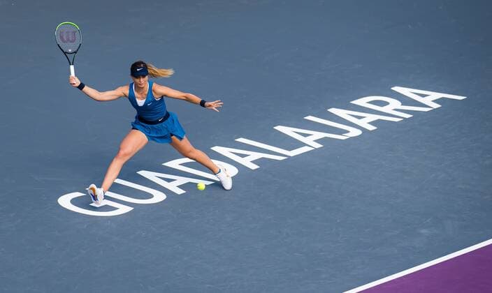 Mandatory Credit: Photo by Rob Prange Shutterstock (12596809m) Paula Badosa of Spain in action during the second round robin doubles match at the 2021 Akron WTA, Tennis Damen Finals Guadalajara WTA tennis tournament Akron WTA Finals, Day 4, Tennis, Panamerican Tennis Center Guadalajara, Mexico - 13 Nov 2021 Akron WTA Finals, Day 4, Tennis, Panamerican Tennis Center Guadalajara, Mexico - 13 Nov 2021  Copyright: xRobxPrange Shutterstockx 12596809m