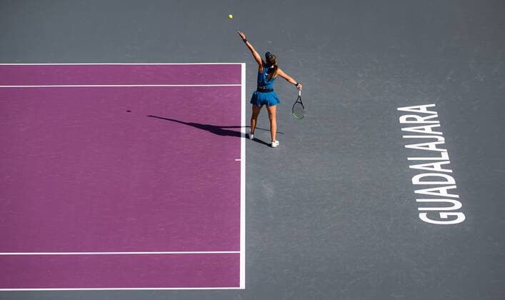 Mandatory Credit: Photo by Rob Prange Shutterstock (12596809f) Paula Badosa of Spain in action during the second round robin doubles match at the 2021 Akron WTA, Tennis Damen Finals Guadalajara WTA tennis tournament Akron WTA Finals, Day 4, Tennis, Panamerican Tennis Center Guadalajara, Mexico - 13 Nov 2021 Akron WTA Finals, Day 4, Tennis, Panamerican Tennis Center Guadalajara, Mexico - 13 Nov 2021  Copyright: xRobxPrange Shutterstockx 12596809f