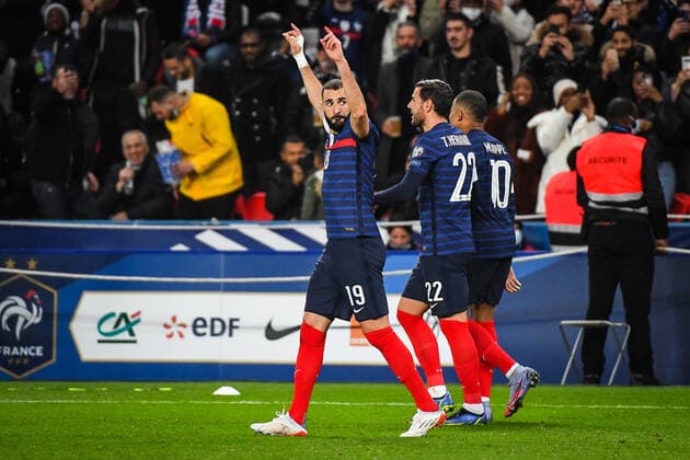 November 13, 2021, Creteil, France, France: Karim BENZEMA of France celebrate his goal with Theo HERNANDEZ of France and Kylian MBAPPE of France during the FIFA World Cup, WM, Weltmeisterschaft, Fussball Qualification 2022 Group D match between France and Kazakhstan at Parc des Princes stadium on November 13, 2021 in Paris, France. Creteil France - ZUMAm308 20211113_zsp_m308_006 Copyright: xMatthieuxMirvillex