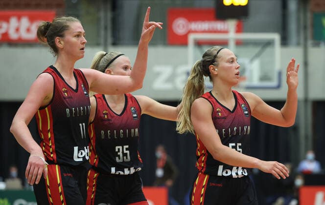 Belgium s Emma Meesseman, Belgium s Julie Vanloo and Belgium s Julie Allemand gesture during a basketball game between Belgian national basket team the Belgian Cats and Germany, Sunday 14 November 2021 in Kortrijk, a qualifier for the FIBA Women s EuroBasket 2023 tournament. VIRGINIExLEFOUR  x3136074x