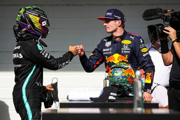 HAMILTON Lewis (gbr), Mercedes AMG F1 GP W12 E Performance, VERSTAPPEN Max (ned), Red Bull Racing Honda RB16B, portrait during the Formula 1 Heineken Grande Premio De Sao Paulo 2021, Sao Paulo Grand Prix, 19th round of the 2021 FIA Formula One World Championship, WM, Weltmeisterschaft from November 12 to 14, 2021 on the Interlagos Circuit, in Sao Paulo, Brazil - F1 - SAO PAULO GRAND PRIX 2021 - RACE DPPI Panoramic  AV6_6616