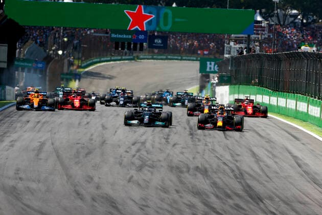 Start, 77 Valtteri Bottas FIN, Mercedes AMG Petronas F1 Team , 33 Max Verstappen NED, Red Bull Racing , 4 Lando Norris GBR, McLaren F1 Team , 55 Carlos Sainz ESP, Scuderia Ferrari Mission Winnow , 11 Sergio Perez MEX, Red Bull Racing , 16 Charles Leclerc MON, Scuderia Ferrari Mission Winnow , F1 Grand Prix of Brazil at Autodromo Jose Carlos Pace on November 14, 2021 in Sao Paulo, Brazil Photo by HOCH ZWEI Sao Paulo Brazil