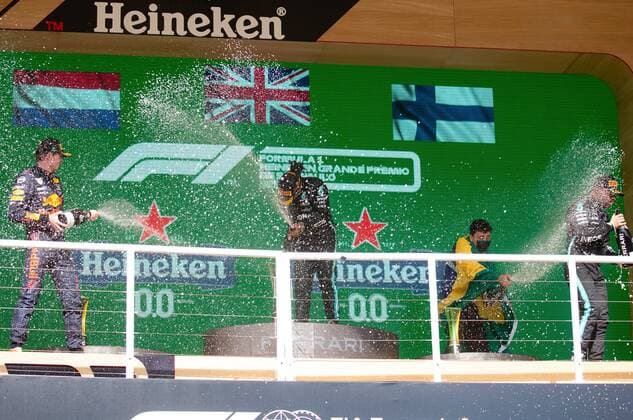 November 14, 2021, Sao Paulo, Sao Paulo, Brazil: Winners celebrate in the podium of the 2021 Formula One Grand Prix of Sao Paulo at Interlagos circuit, on November 14, in Sao Paulo, Brazil. Sao Paulo Brazil - ZUMAl146 20211114_zaf_l146_019 Copyright: xPauloxLopesx