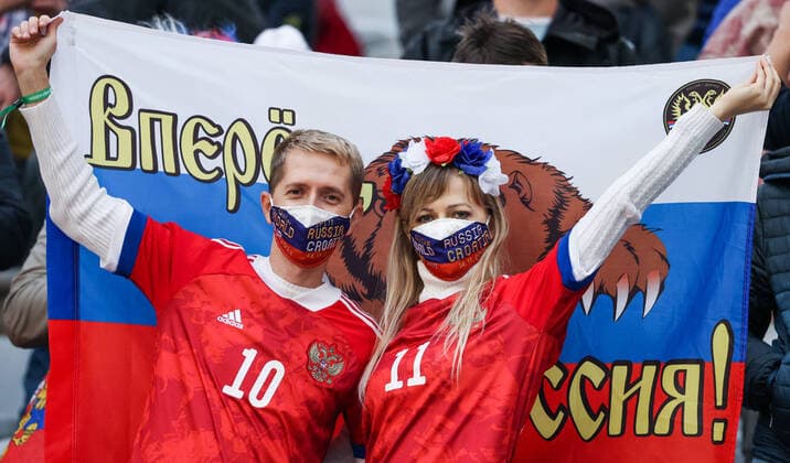 SPLIT, CROATIA - NOVEMBER 14, 2021: Russia s supporters cheer before their 2022 FIFA World Cup, WM, Weltmeisterschaft, Fussball Group H Qualifying Round football match against Croatia at Poljud Stadium. Sergei Bobylev TASS  TS117E5F
