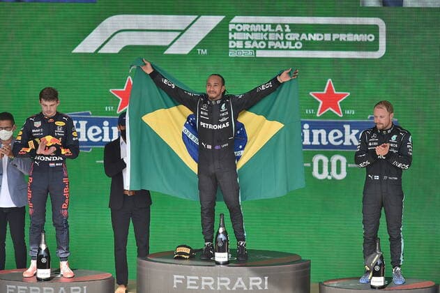 FORMULA 1 HEINEKEN GRANDE PREMIO DO BRASIL 2021 14 11 2021, Autodromo Jose Carlos Pace, Interlagos, FORMULA 1 HEINEKEN GRANDE PREMIO DO BRASIL 2021 , in picture podium winner Lewis Hamilton GBR , Mercedes AMG Petronas Formula One Team, 2nd place for Max Verstappen NEL , Red Bull Racing Honda, 3rd place for Valtteri Bottas FIN , Mercedes AMG Petronas Formula One Team nordphotoxGmbHx xBratic nph00250