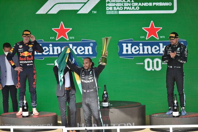 FORMULA 1 HEINEKEN GRANDE PREMIO DO BRASIL 2021 14 11 2021, Autodromo Jose Carlos Pace, Interlagos, FORMULA 1 HEINEKEN GRANDE PREMIO DO BRASIL 2021 , in picture podium winner Lewis Hamilton GBR , Mercedes AMG Petronas Formula One Team, 2nd place for Max Verstappen NEL , Red Bull Racing Honda, 3rd place for Valtteri Bottas FIN , Mercedes AMG Petronas Formula One Team nordphotoxGmbHx xBratic nph00250