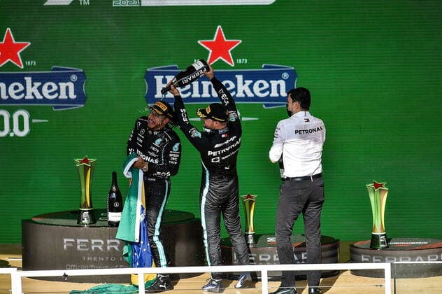 FORMULA 1 HEINEKEN GRANDE PREMIO DO BRASIL 2021 14 11 2021, Autodromo Jose Carlos Pace, Interlagos, FORMULA 1 HEINEKEN GRANDE PREMIO DO BRASIL 2021 , in picture podium winner Lewis Hamilton GBR , Mercedes AMG Petronas Formula One Team, 2nd place for Max Verstappen NEL , Red Bull Racing Honda, 3rd place for Valtteri Bottas FIN , Mercedes AMG Petronas Formula One Team nordphotoxGmbHx xBratic nph00250