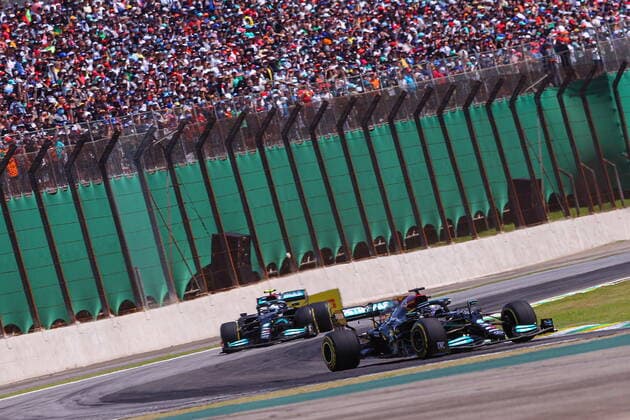 FORMULA 1 HEINEKEN GRANDE PREMIO DO BRASIL 2021 14 11 2021, Autodromo Jose Carlos Pace, Interlagos, FORMULA 1 HEINEKEN GRANDE PREMIO DO BRASIL 2021 , in picture Lewis Hamilton GBR , Mercedes AMG Petronas Formula One Team, Valtteri Bottas FIN , Mercedes AMG Petronas Formula One Team nordphotoxGmbHx xBratic nph00250